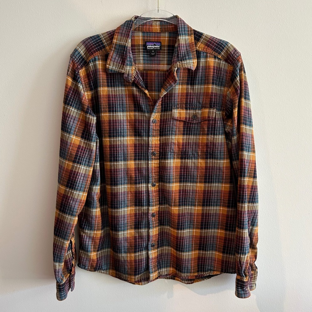Patagonia Fjord Flannel Shirt Orange Brown Plaid Medium Organic Cotton